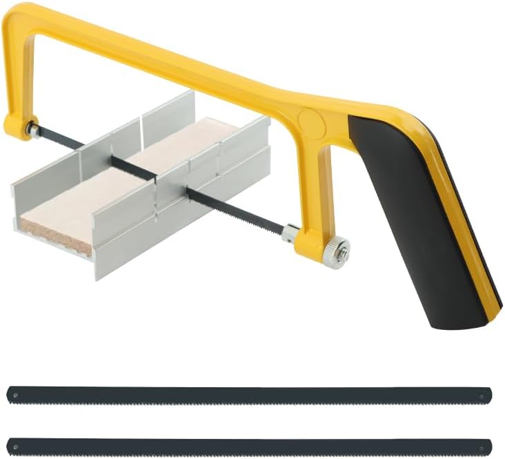 6 Inch Mini Hacksaw and Mitre Block Set, Adjustable Miter Box and Saw Set with 2 Spare Blades, Aluminum Cutting Saw Hack Saws for Woodworking, Hacksaw, Metal Cutting (Yellow)