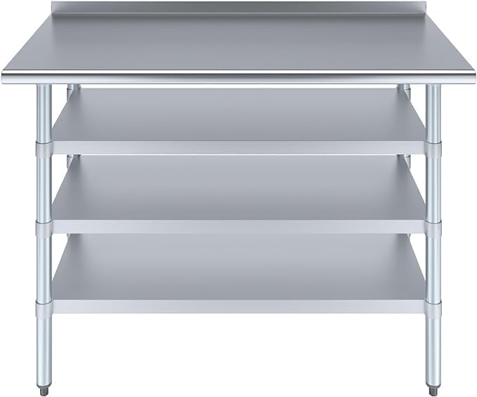 48" x 24" Stainless Steel Work Table with 1.5" Backsplash and 3 Shelves | NSF Certified Prep Table for Kitchen, Restaurant, Garage | Heavy-Duty Metal Workstation