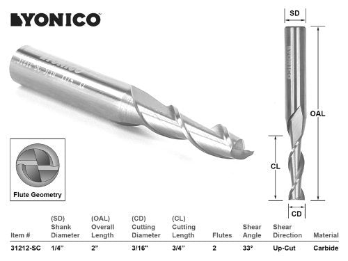YONICO Upcut Router Bits Spiral 2 Flute Solid Carbide CNC End Mill 3/16-Inch Dia. 1/4-Inch Shank 31212-SC