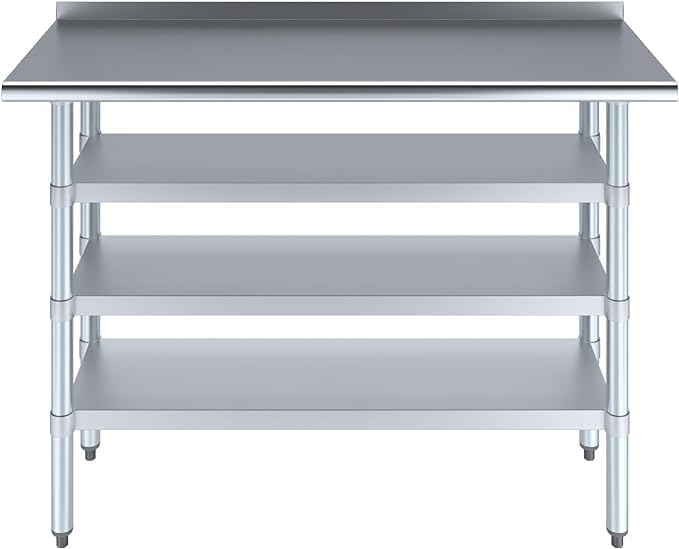 48" x 18" Stainless Steel Work Table with 1.5" Backsplash and 3 Shelves | NSF Certified Food Prep Table | Compact Commercial Metal Workstation for Kitchen or Utility Use