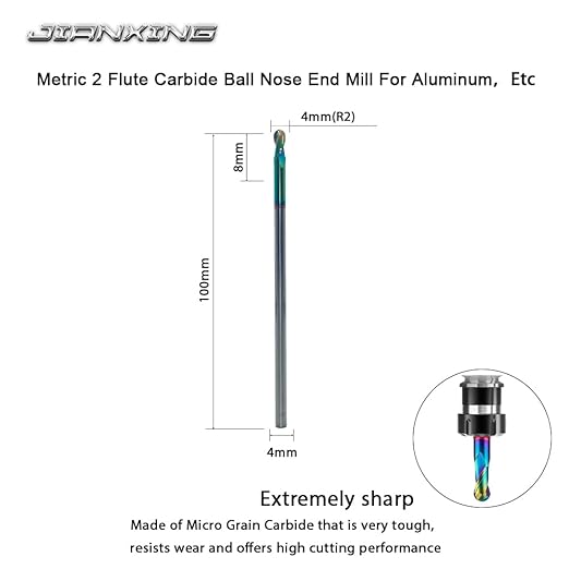 4mm R2 Extra Long DLC Coated 2-Flute Carbide Ball Nose End Mill, 100mm OAL, Ideal for Aluminum, Copper Alloys & Plastic Machining?밐igh Precision & Wear-Resistant Cutting Tool (1 Pack)