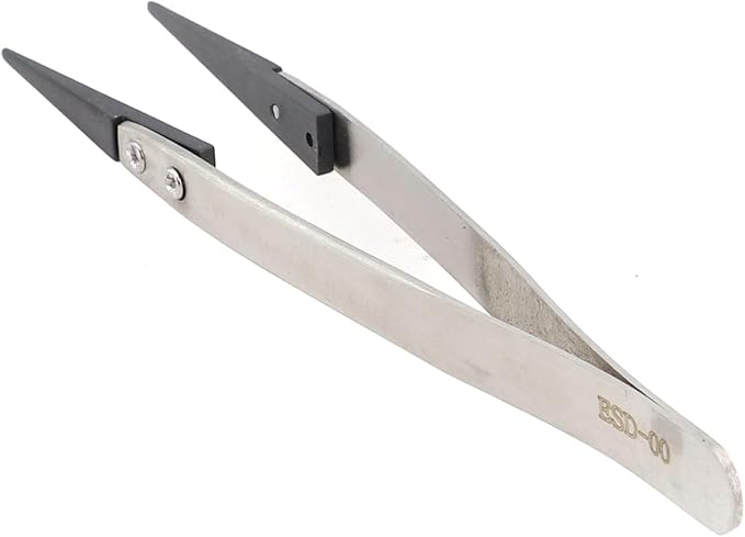 Precision Anti-Static ESD Tweezers for Electronics Repair, Industrial Metal Tweezers for Circuit Board, Mobile Phone, and Clock Maintenance, Silver Black Color(ESD-00)