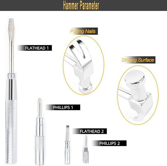 6 in 1 Mini Multifunction Copper Hammer and Screwdriver Hand Tools, Screwdriver Kit for Opening Walnuts, Watchmaker, and Household Repairing Tool (Silver)