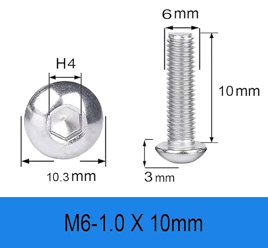 Metuja M6-1.0x10mm Button Head Socket Cap Bolts Screws竊?0pcs竊? Stainless Steel, Full Thread, Silver, Allen Hex Drive