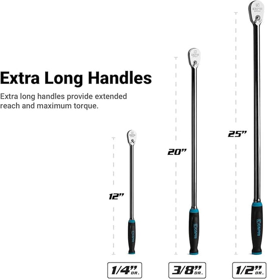 Capri Tools Fine 90-Tooth Extra Long Ratchet Set, Ergonomic Soft Grip, 1/4, 3/8, 1/2 in. Drive, 3-Piece