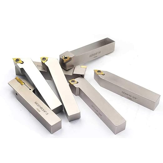 OSCARBIDE 3/4"Shank Nickel Plated Indexable Lathe Turning Tool Holder 7 Pieces/Set,CNC Heavy-Duty Metal Lathe Tools for Turning Grooving Threading Cut Off Holders Set,Tin Coated Carbide Inserts