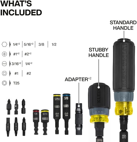 Klein Tools 80191 KNECT (S) Impact-Rated Multi-Bit Screwdriver Set, 11-in-1 and 7-in-1 Ratcheting Drivers with Phillips, Slotted, Square, Torx Tips, Nut Drivers, Stubby Driver