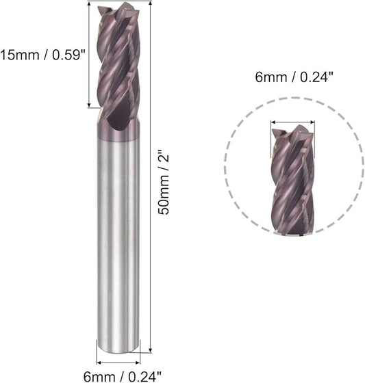 uxcell Square Nose End Mill, 6mm Tip Dia Solid Carbide AlTiN Coated CNC Router Bits 4 Flute Spiral Milling Cutter HRC55 with 6mm Shank 50mm (2-inch) Length