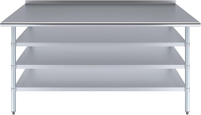 Stainless Steel Work Table with 1.5" Backsplash and 3 Shelves | Metal Kitchen Food Prep Table | NSF Certified (72" Long x 30" Deep)