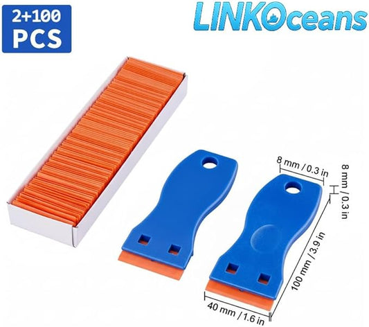 Plastic Razor Blade Scrapers with 100 Blades ??LINKOceans Safe Adhesive Remover for Stickers, Decals, Labels, Caulk & Gaskets on 3D printer beds,Glass,car or Windows Non Scratch Cleaning Tool