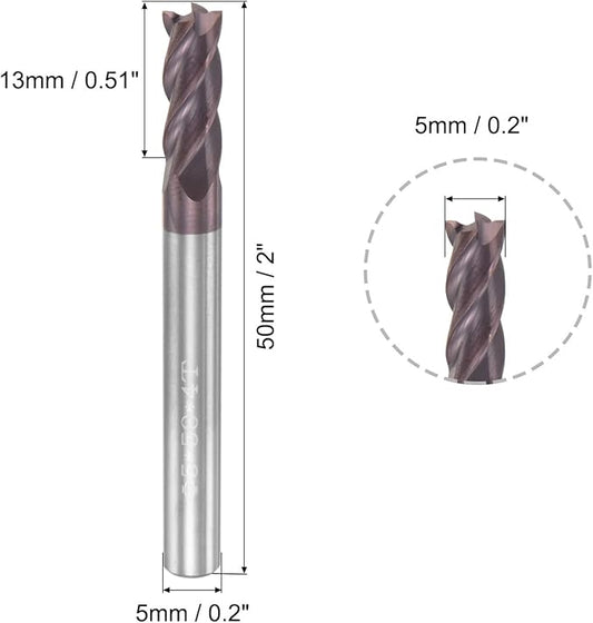 uxcell Square Nose End Mill, 5mm Tip Dia Solid Carbide AlTiN Coated CNC Router Bits 4 Flute Spiral Milling Cutter HRC55 with 5mm Shank 50mm (2-inch) Length