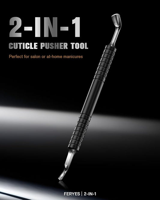 FERYES Upgraded Horseshoe Shape Cuticle Pusher with Fork, 2-in-1 Cuticle Remover Tool, Stainless Steel Cuticle Trimmer Nail Care Tool for Manicures- Black(5.6 Inches)