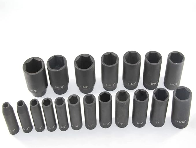MacWork 19 Piece 1/2-Inch Drive Impact Socket Set, Deep, SAE, 3/8" to 1-1/2", CR-V&Cr-Mo Alloy Steel, 6-point Hex Radius Corner Design