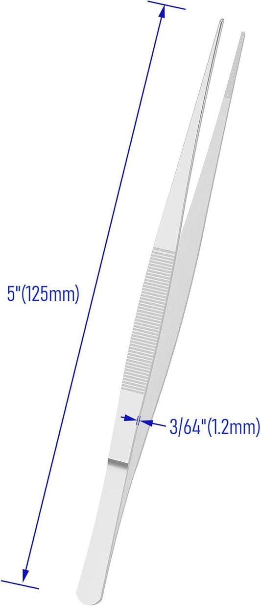 5 PCS 5 Inch Stainless Steel Tweezers, Straight pointed Serrated Tips, Perfectly Aligned, 3/64 Inch Thickness Stainless Steel, Multipurpose Daily Garden Home Lab Craft Repairing Tool