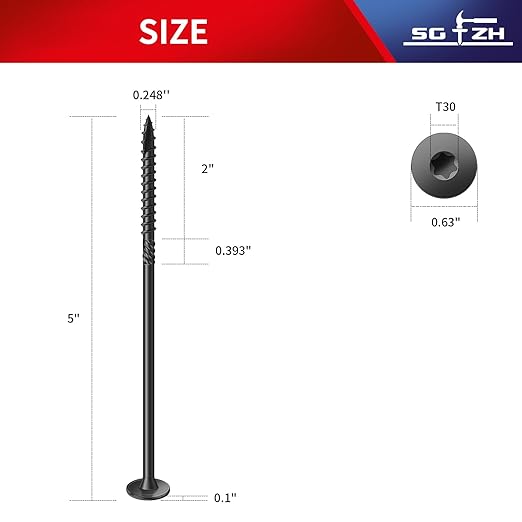 #14 x 5 Inch Outdoor Structural Wood Deck Screws (19Pcs/1lb), Carbon Steel, Black, Flat Head, Rust Resistant Epoxy Coated, T30 Star Bit