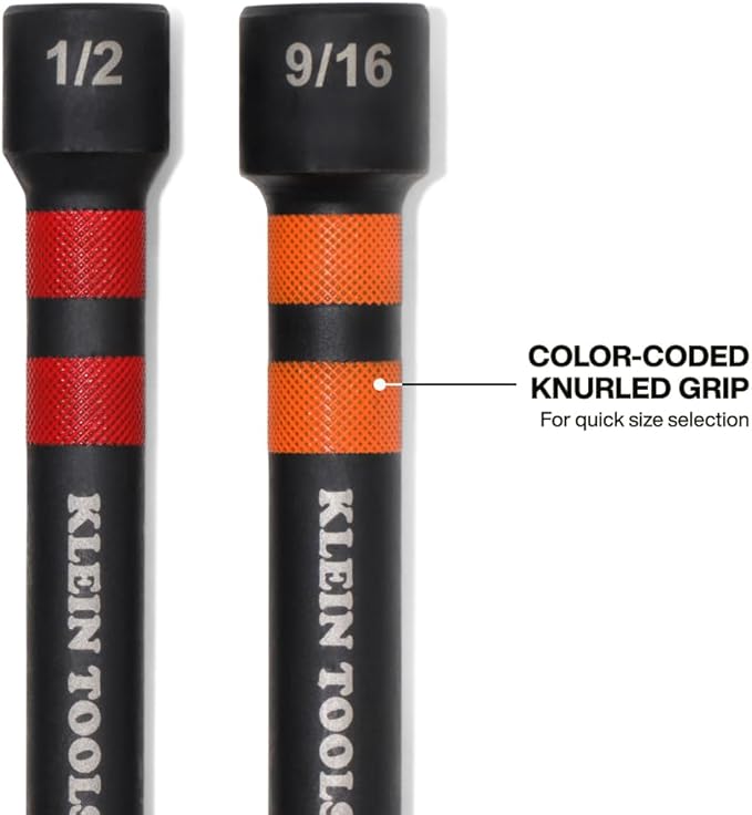 Klein Tools 32940 SAE Magnetic Hollow Impact Nut Drivers Set, 6-Piece Color Coded Hollow Power Nut Driver with Extended Reach, 6 SAE Sizes