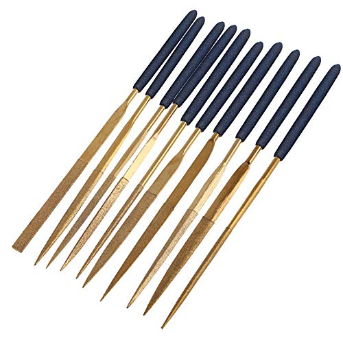 Yakamoz 10 Pcs Titanium Coated Mini Diamond File Set Flat Needle Square Round Triangular Shape Rifler Files for Metal Jewelry Glass Wood Carving Sanding Polishing Tool - 3x140mm