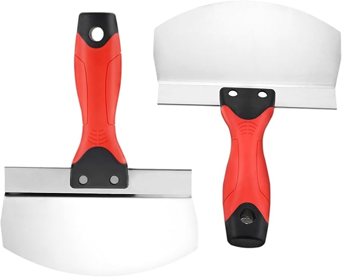 Mgoodoo 2PCS Stainless Steel Bucket Scoop,6.5 inch Curved Contoured Blade Putty Knife for Drywall & Plaster,Rustproof Scraper Tools with Soft-Grip Handle for Clean Paint,Mortar,Putty,etc(Red)