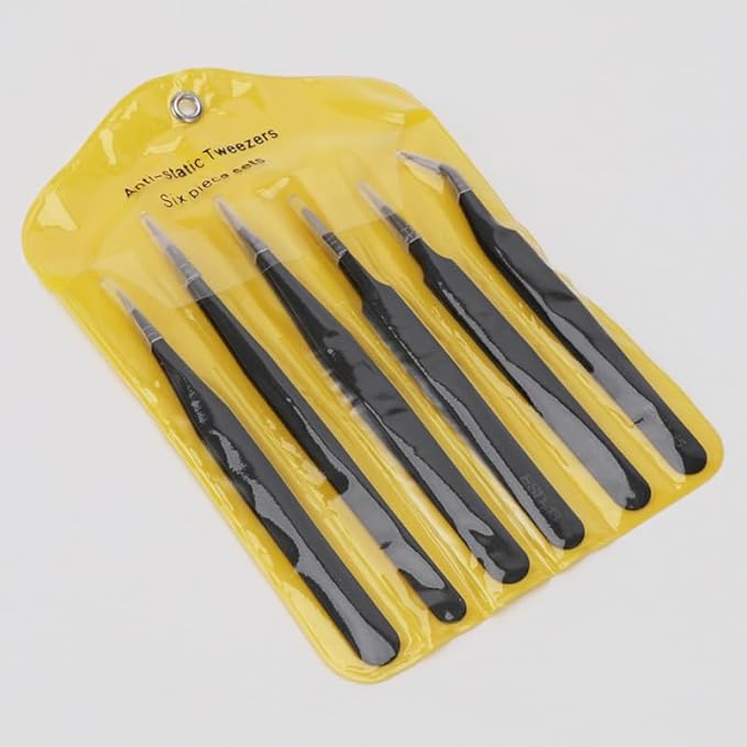 Precision Tweezers Set - 6PCS Anti Static ESD Industrial Tweezers Kit Matte Black, Fits for Electronics Repair, Soldering, Craft, Laboratory Work