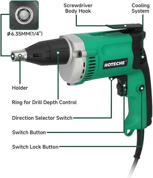 Hoteche 5-Amp Dry Wall Screw Driver, Electric Screwdriver with Variable Speed 0-4500 RPM, 1/4" Chuck, Forward & Reverse Switch with 6pcs Cr-V Bits