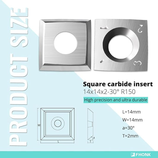 14mm Arc-edge Square Carbide Inserts Cutters, for Woodturning Replacement Cutter Knives, Fits Spiral, Helical Planer Cutter, Wood Lathe Turning Tool, 10-Pack (14x14x2.0-30째 R150)