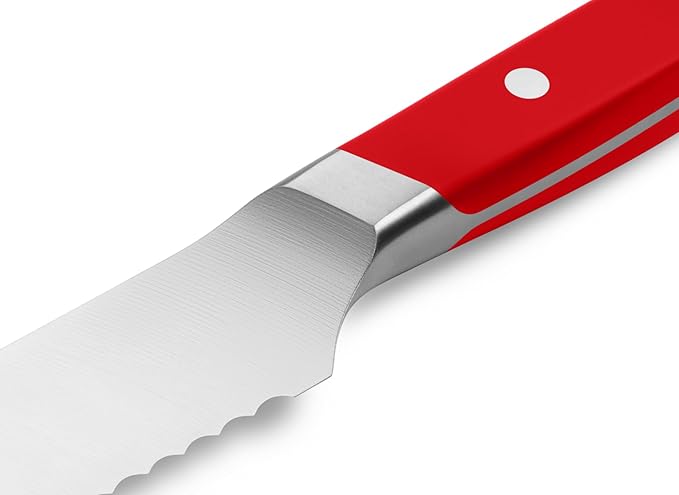 Misen Serrated Bread Knife - High-Carbon Japanese AUS8 Steel - Perfect for Soft Foods, Bread, Pastries, and Fruits - Verstatile Slicer, Razor-Sharp Edge, Durable Blade, Ergonomic Handle - 5", Red
