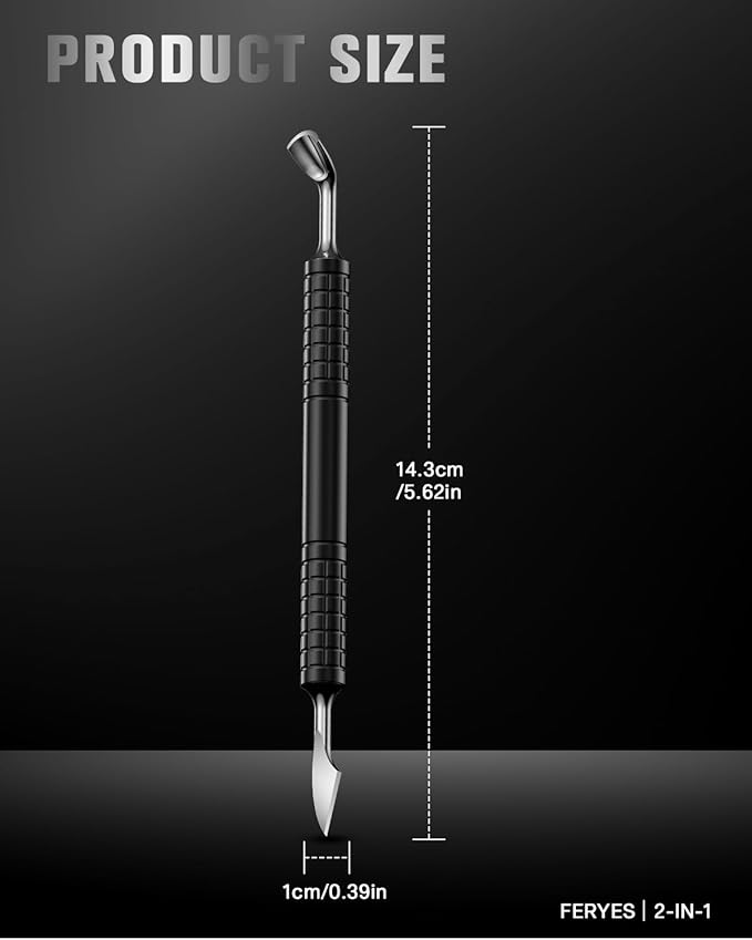 FERYES Upgraded Dual-Head Cuticle Pusher Tool - Horseshoe Shape & Chisel Edge Stainless Steel Remover Tool with Anti-Slip Wide Handle for Salon & Home Nail Care-Black