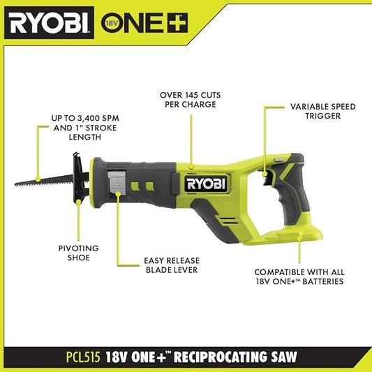 Cordless Reciprocating Saw Bundle - 18V Ryobi Reciprocating Saw Kit with 4.0 Ah Battery and 18-Volt Lithium-Ion Charger, Reciprocating Saw Blade Set, and 16 Inch Buho Tool Bag