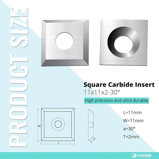 11mm Square Straight Carbide Cutters, for Woodturning Replacement Cutter Knives, Fits Spiral, Helical Planer Cutter, Wood Lathe Turning Tool, 10-Piece (11x11x2.0-30째)