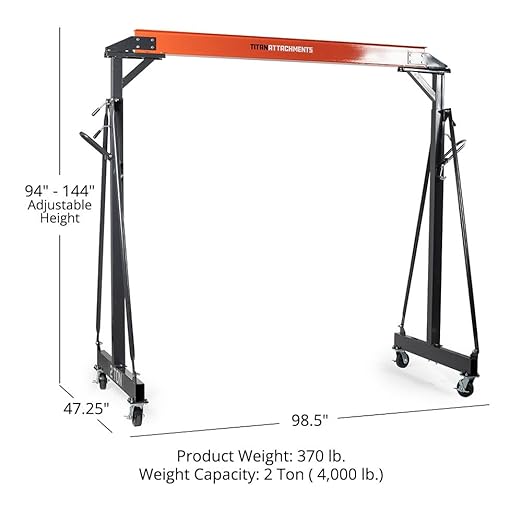 Titan Attachments Adjustable Gantry Crane, 2 Ton Capacity, Shop Lift Hoist Rated 4,000 LB, Portable Design with Locking Wheels, Adjustable Height up to 12 FT, Durable Steel Construction, Frame Only