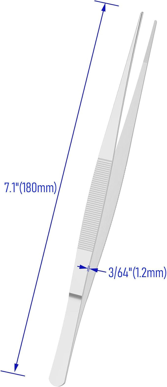 5 PCS 7.1 Inch Stainless Steel Tweezers, Straight pointed Serrated Tips, Perfectly Aligned, 3/64 Inch Thickness Stainless Steel, Multipurpose Daily Garden Home Lab Craft Repairing Tool