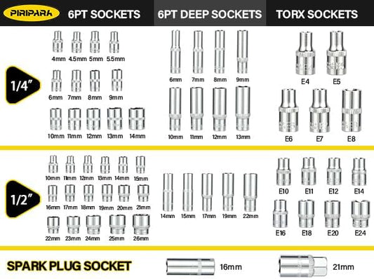 PIRIPARA 108 Piece Mechanics Tool Set Metric And Standard 1/4" & 1/2" Socket Set, Ratchet Set, Universal Joint, Extension Bars, Quick Release Reversible Ratchet Wrench, Plastic Toolbox Storage