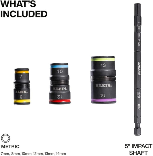 Klein Tools 32933M 6-in-1 Metric Impact Socket Set, 3 Flip Sockets with 7, 8, 10, 12, 13 and 14 mm Nut Driver Sizes, Impact Rated 5-Inch Shaft