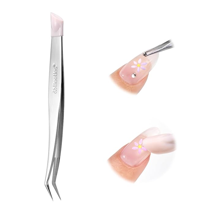 Beetles Pro Sticker Tweezers - Dual Ended Nail Art Tweezer, Curved Tip Pick Up Pearls Rhinestones, Silicone Tip Press Stickers Nail Art Tool Ultra Precision Stainless Steel Nippers