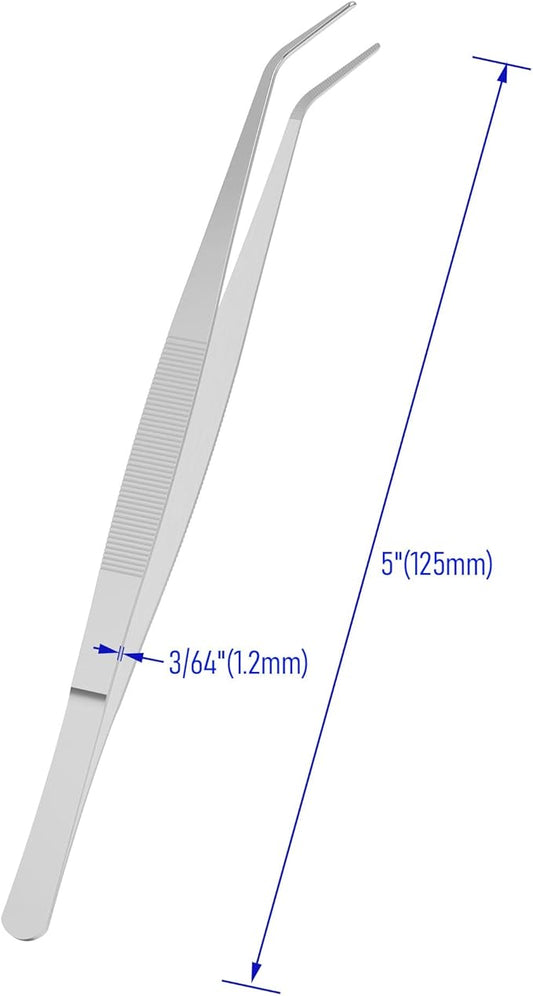 2 PCS 5 Inch Stainless Steel Tweezers with Curved Pointed Serrated Tip, Perfectly Aligned, 3/64 Inch Thickness Stainless Steel, Multipurpose Daily Garden Home Lab Craft Repairing Tool