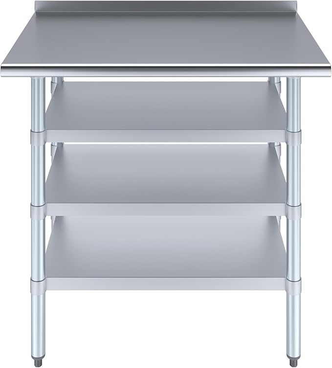 Stainless Steel Work Table with 1.5" Backsplash and 3 Shelves | Metal Kitchen Food Prep Table | NSF Certified (36" Long x 24" Deep)