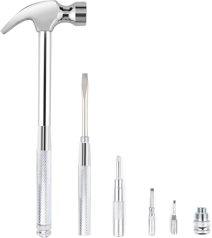 Mini Metal Hammer 6 in 1 with Slotted/Flat Head Phillips Screwdriver Claw Hammer Manual, Portable Multifunction Tool Hammer (Silver)