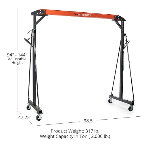 Titan Attachments Adjustable Gantry Crane, 1 Ton Capacity, Shop Lift Hoist Rated 2,000 LB, Portable Design with Locking Wheels, Adjustable Height up to 12 FT, Durable Steel Construction, Frame Only