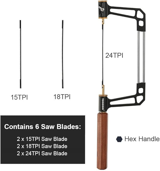 TOOLCOOL Coping Saw for Woodworking Aluminum Alloy Frame Hardwood Hex Handle Handsaw with 15T 18T 24T High Speed Steel Saw Blades