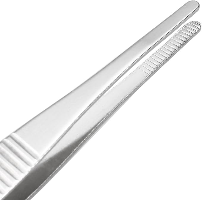 uxcell 2 Pcs Stainless Steel Straight Blunt Tweezers Serrated Tip, 5 Inch