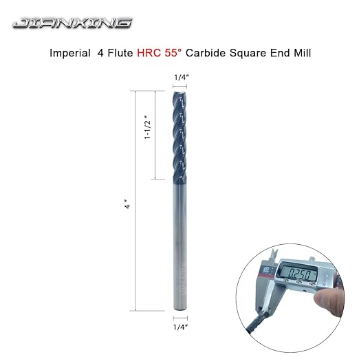 1/4" Extra Long Carbide Square End Mill for Alloy Steels/Hardened Steels, 4" Overall Length End Mill Bits, 4 Flute HRC 55 Deg AlTiN Coating, CNC Router Bits (1 Pc)
