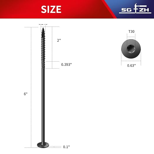 #14 x 6 Inch Outdoor Structural Wood Deck Screws (16Pcs/1lb), Carbon Steel, Black, Flat Head, Rust Resistant Epoxy Coated, T30 Star Bit