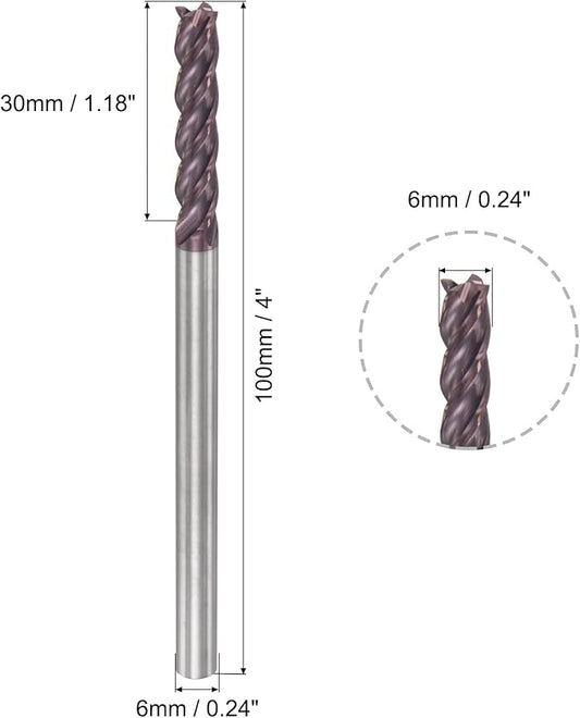 uxcell Square Nose End Mill, 6mm Tip Dia Solid Carbide AlTiN Coated CNC Router Bits 4 Flute Spiral Milling Cutter HRC55 with 6mm Shank 100mm (4-inch) Length