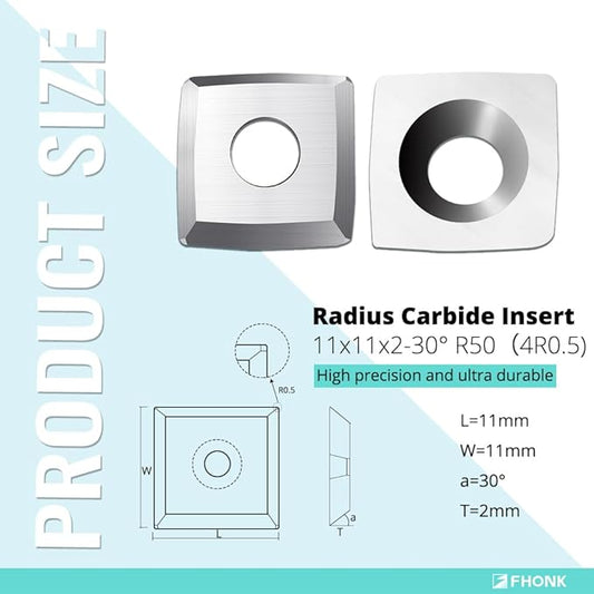11mm Arc-edge Square Carbide Inserts Cutters, for Woodturning Replacement Cutter Knives, Fits Spiral, Helical Planer Cutter, Wood Lathe Turning Tool, 10-Pack (11x11x2.0-30째 R50(4R0.5))
