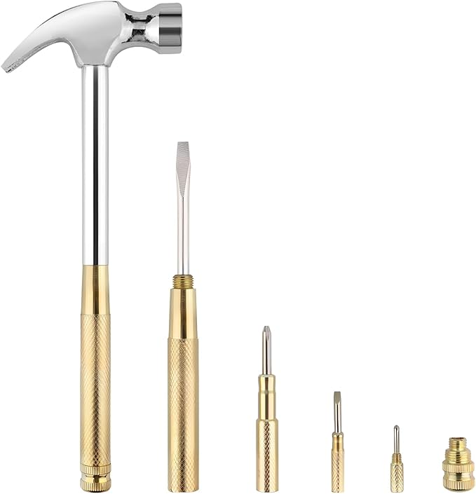 Small Metal Hammer 6 in 1 with Slotted/Flat Head Phillips Screwdriver Claw Hammer Manual, Portable Multifunction Tool Hammer (Gold Silver)