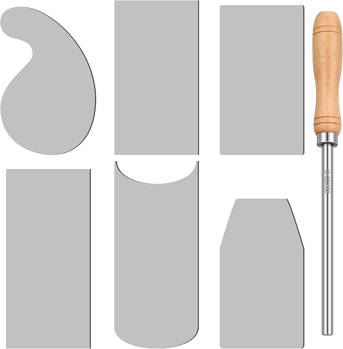 Therwen Card Scraper Burnisher and 6 Pcs Cabinet Scraper Set for Woodworking Card Woodworking Burnishing Tool Include 3 Rectangle 1 Gooseneck and Curved 1 Beveled Hand(Silver)