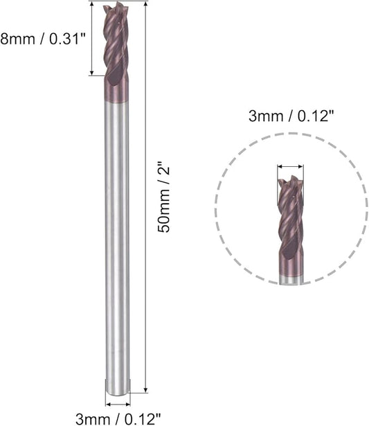 uxcell Square Nose End Mill, 3mm Tip Dia Solid Carbide AlTiN Coated CNC Router Bits 4 Flute Spiral Milling Cutter HRC55 with 3mm Shank 50mm (2-inch) Length