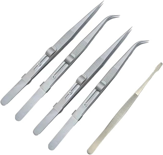 5PCS Precision Tweezers Set, Upgraded Anti-Static Stainless Steel Curved of Tweezers,Flat/Pointed/Curved Angled Locking Long Tweezers for Crafts, Lab, Soldering, Jewelry Crafting