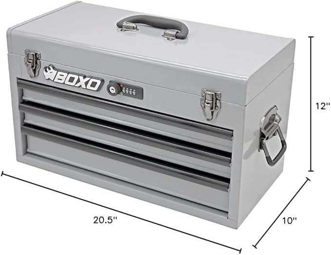 Boxo USA Heavy-Duty 3-Drawer Steel Tool Box - Portable Hand Carry Toolbox Organizer with Ball Bearing Slides & Secure Key & Digital Lock System (Nardo Gray)