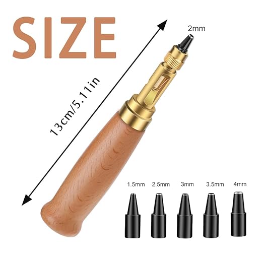 Adjustable Leather Hole Punch Automatic Screw Hole Punch Tool with Wood Color Wooden Handle Bookbinding Tool Leather Hole Punch with 6 Tips Size 1.5mm/2mm/2.5mm/3mm/3.5mm/4mm